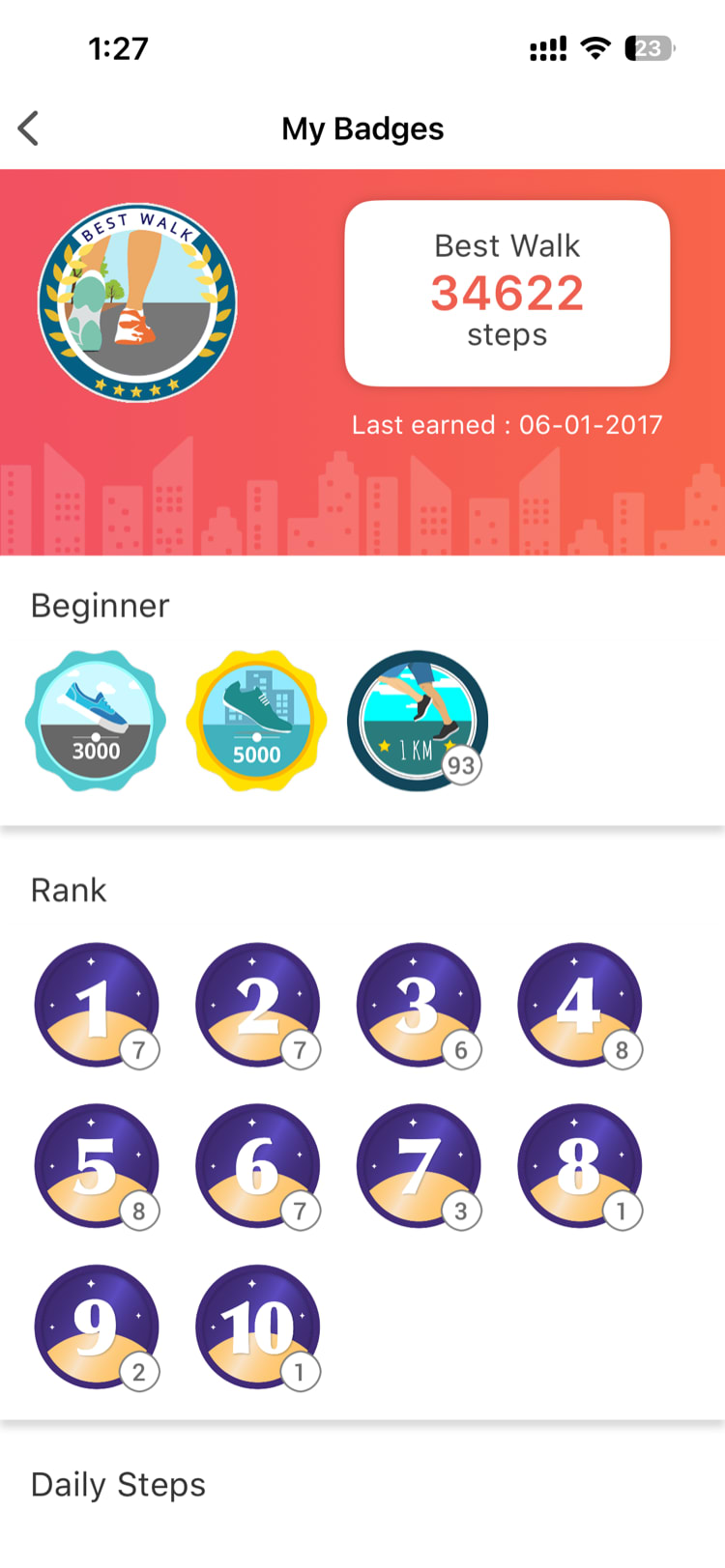 Employee My Badges screen showing earned badges with counts and locked badges dimmed