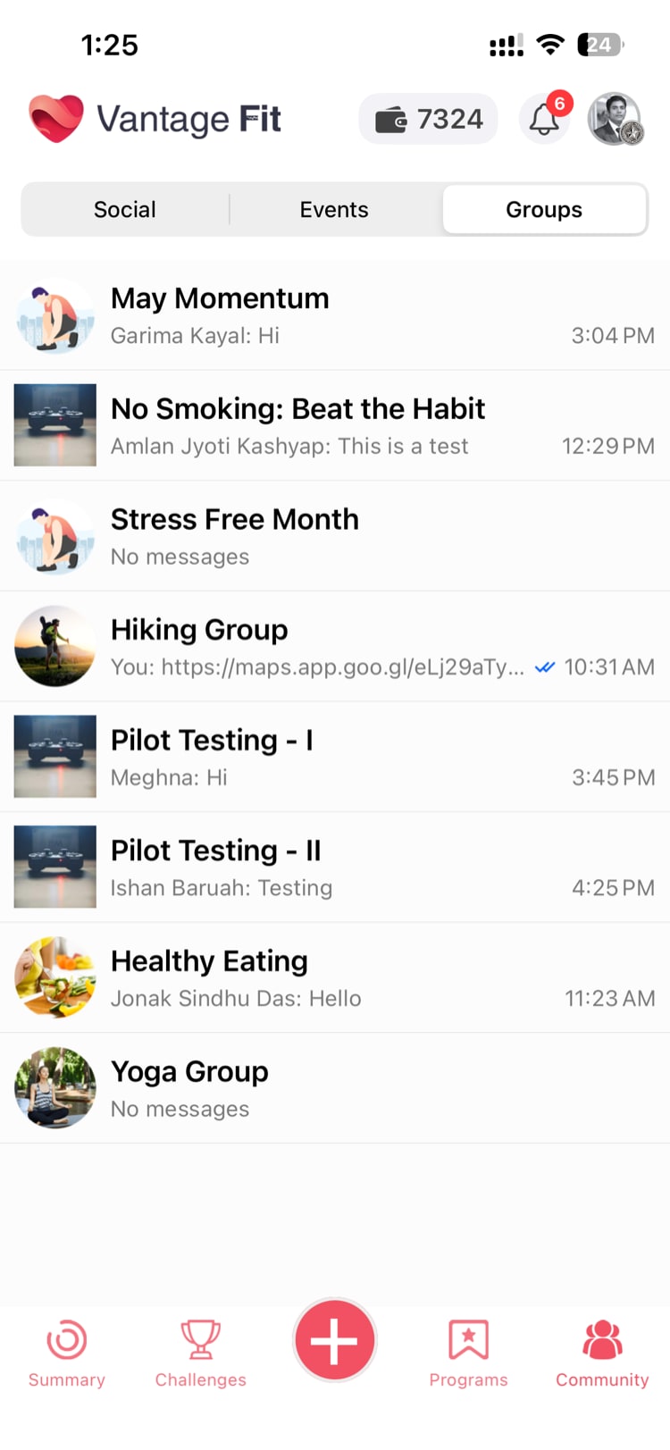 Community tab showing Focus Groups and Challenge Chats in the app