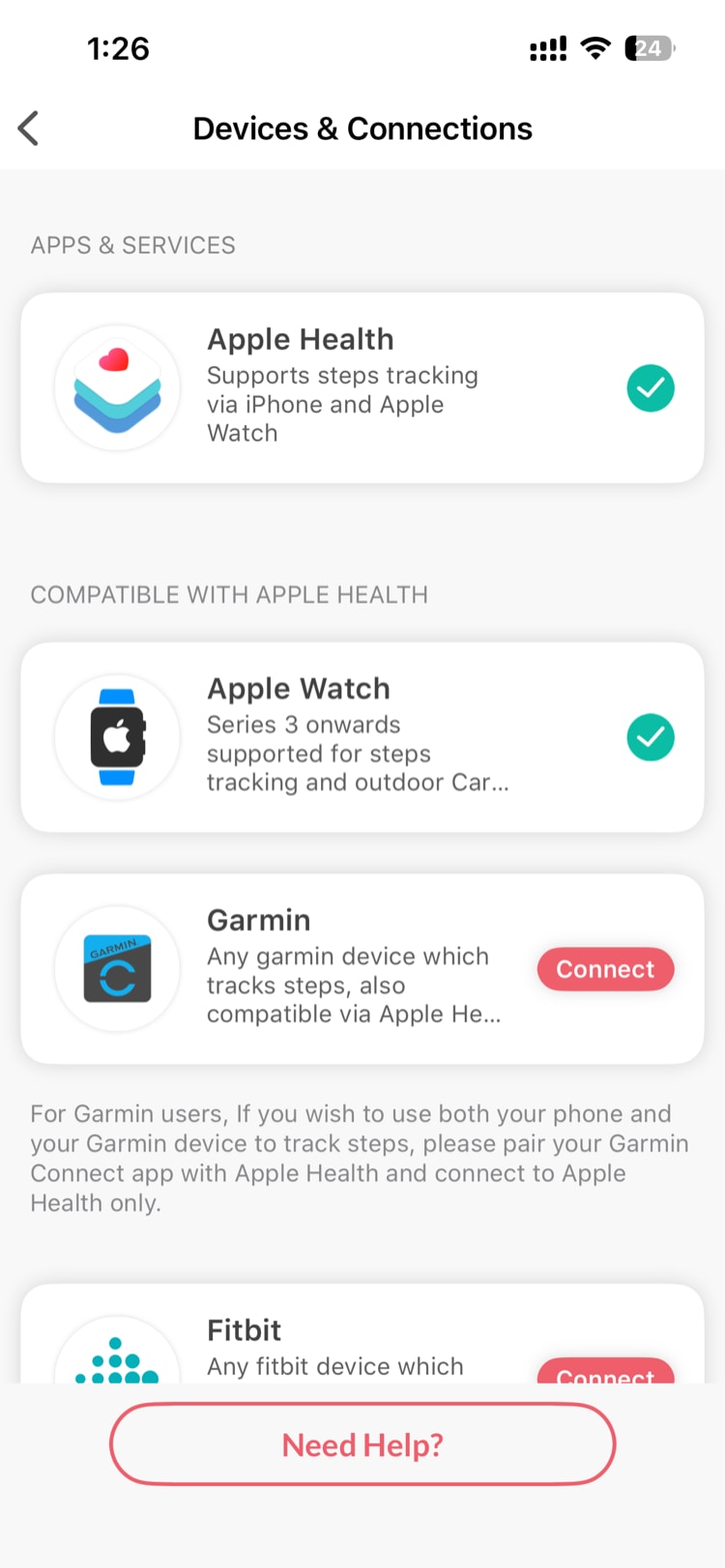 Devices & Connections screen showing Apple Health connected with green checkmark, and Garmin and Fitbit available to connect