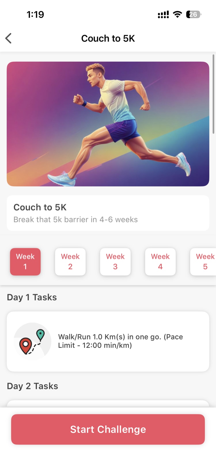 Training Plan detail screen showing plan description, duration, and included activities