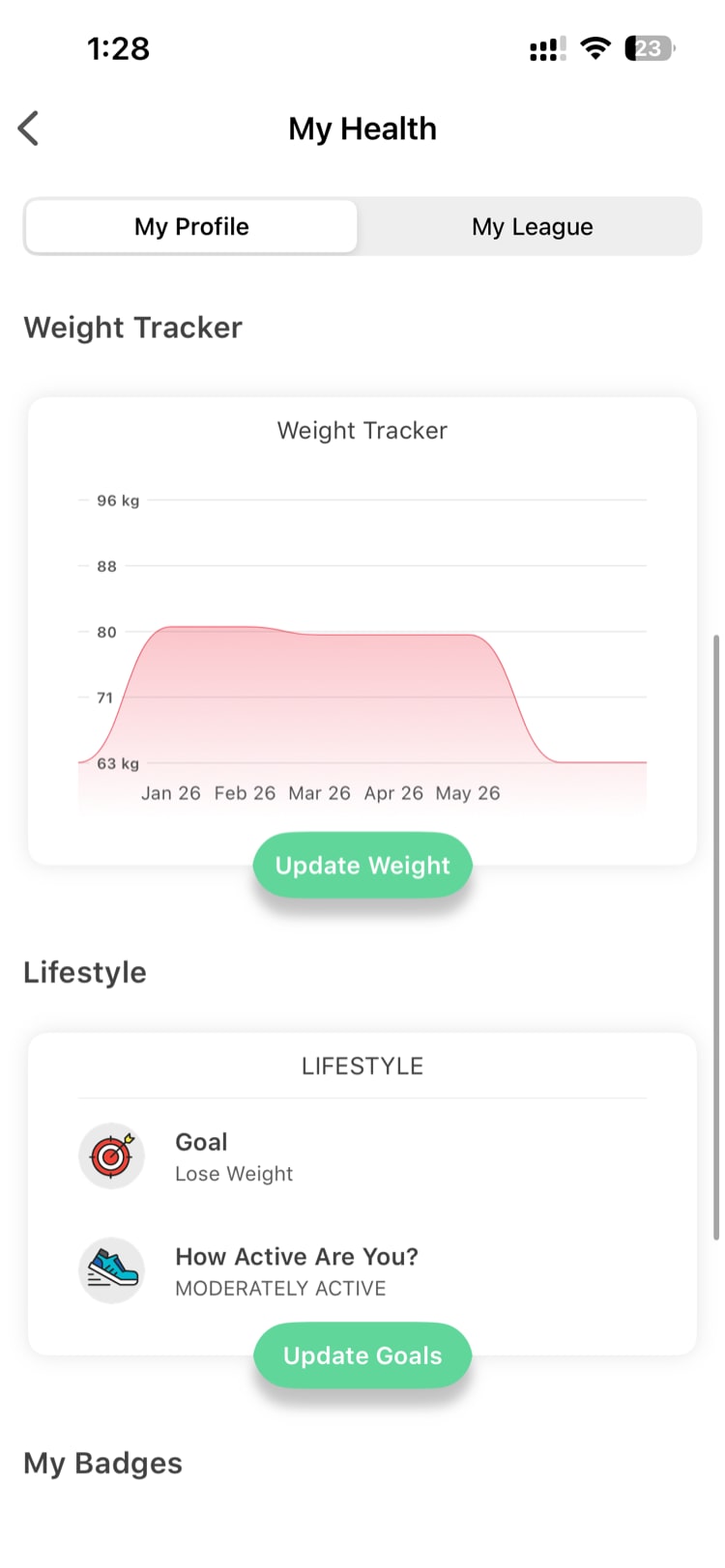 Goals section showing fitness goal and activity level