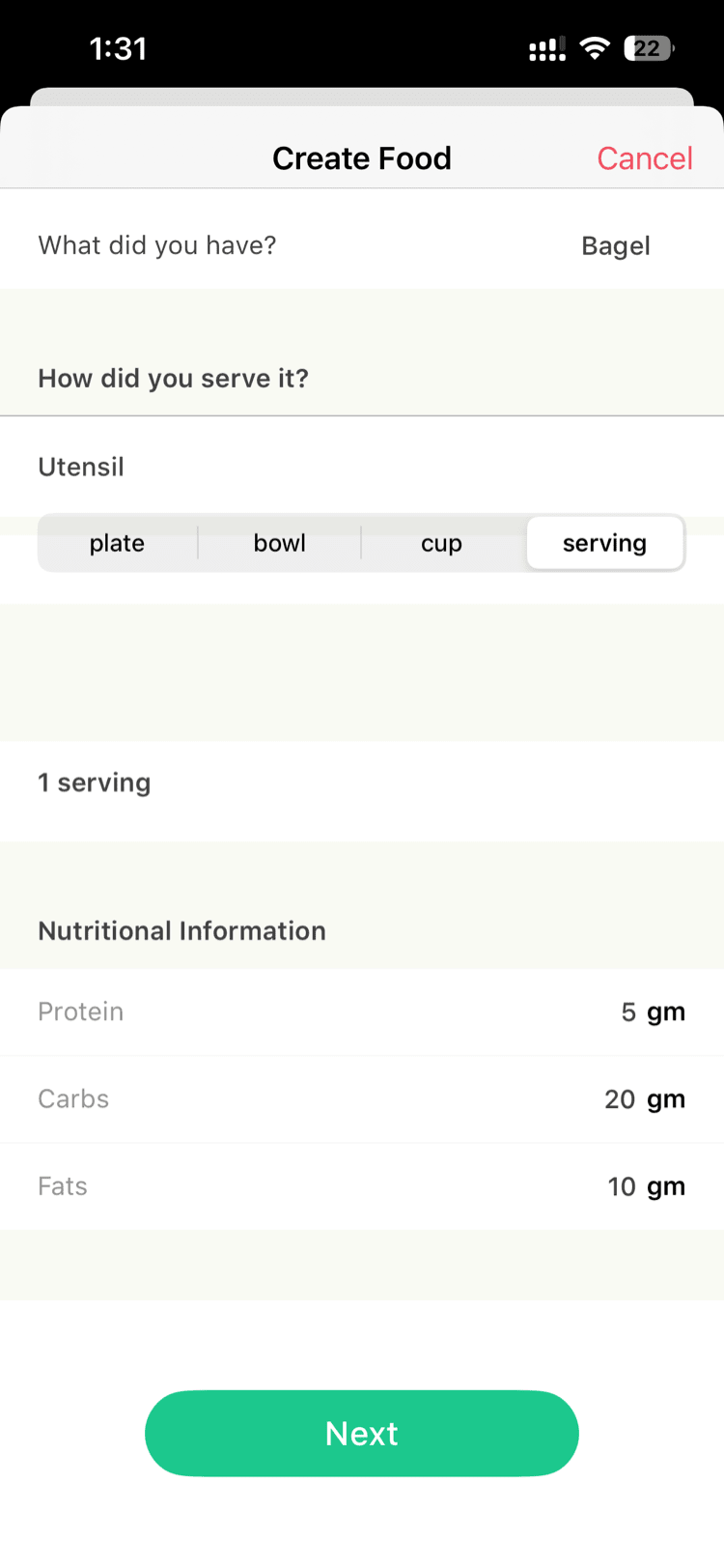 Manual food entry screen with calorie and macro fields