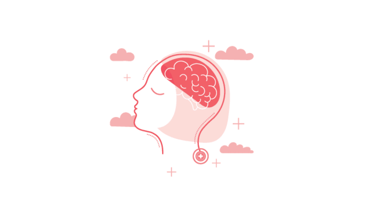 Ilustración de un perfil humano con el cerebro destacado, que representa la salud mental en el trabajo.