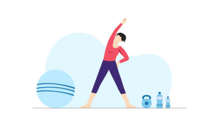Ilustración de una persona haciendo estiramientos laterales junto a una pelota de fitness, una mancuerna y botellas de agua.