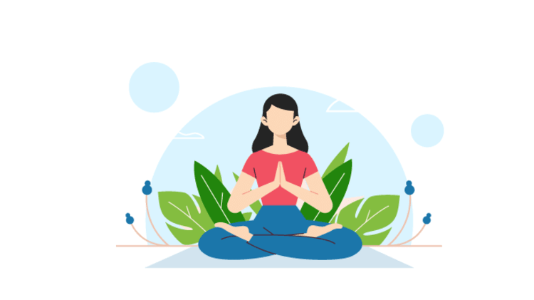 Ilustración de una persona meditando sentada con las piernas cruzadas, rodeada de plantas, en un momento de calma.