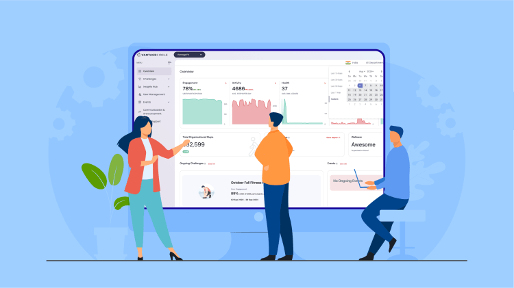 Panel de administración de un programa de bienestar corporativo con datos agregados de participación.