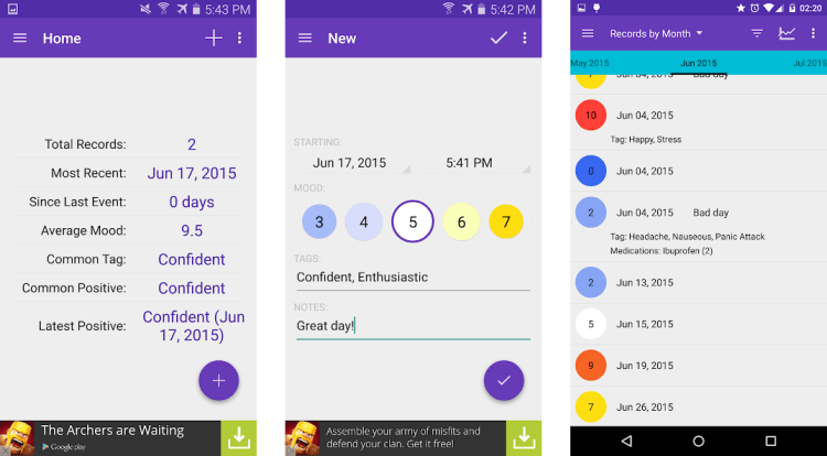 Mood Log app interface