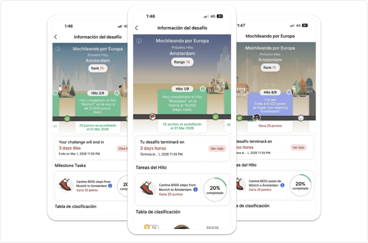 Vista móvil de Vantage Fit del recorrido de un desafío con línea de tiempo de hitos, tarjetas de progreso, puntos obtenidos y actualizaciones del ranking.