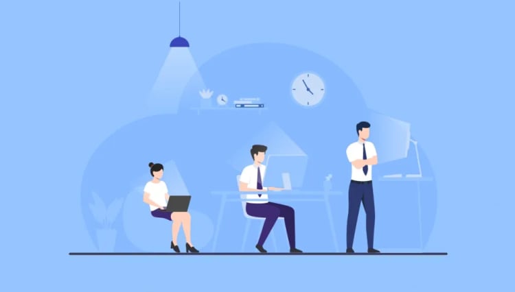 Ilustración de tres compañeros trabajando en una oficina abierta