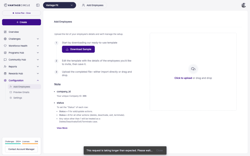 Configuration — Add Employees page with CSV upload area