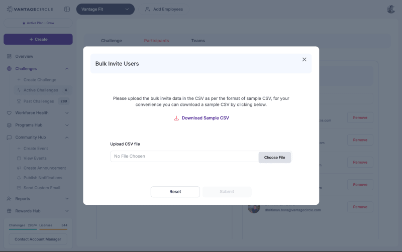 CSV bulk upload interface for participants