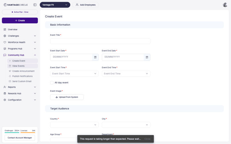 Create Event form with title, description, venue, and date fields