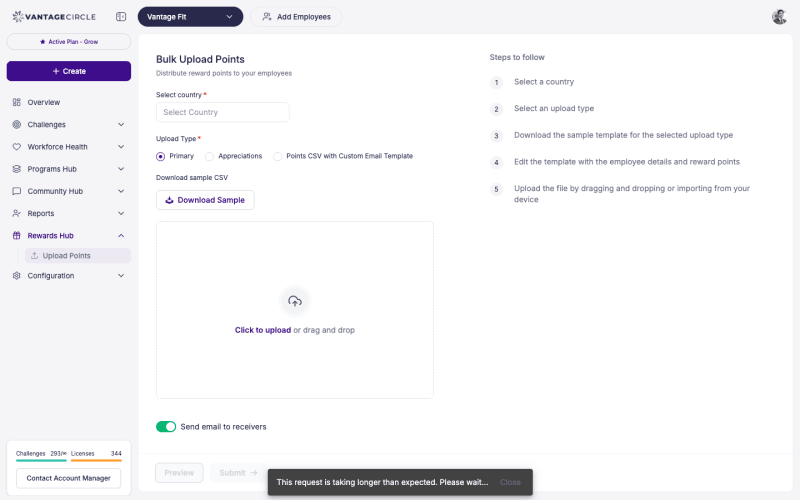 Reward Hub — Upload Points page with CSV upload area and preview