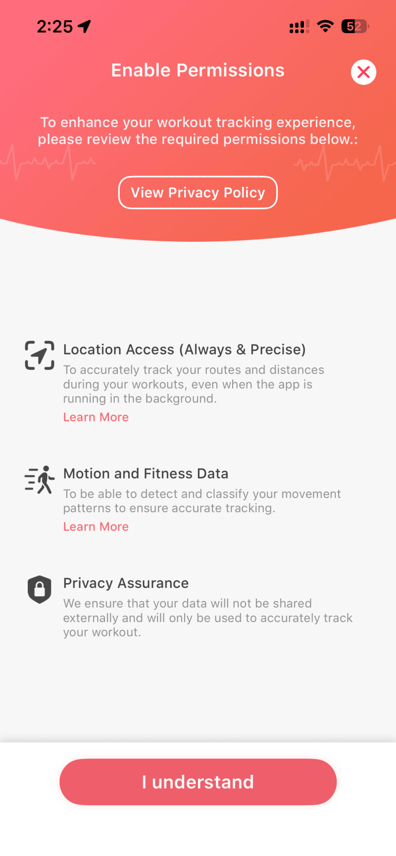 Enable Permissions screen showing Location Access, Motion and Fitness Data, and Privacy Assurance with I understand button