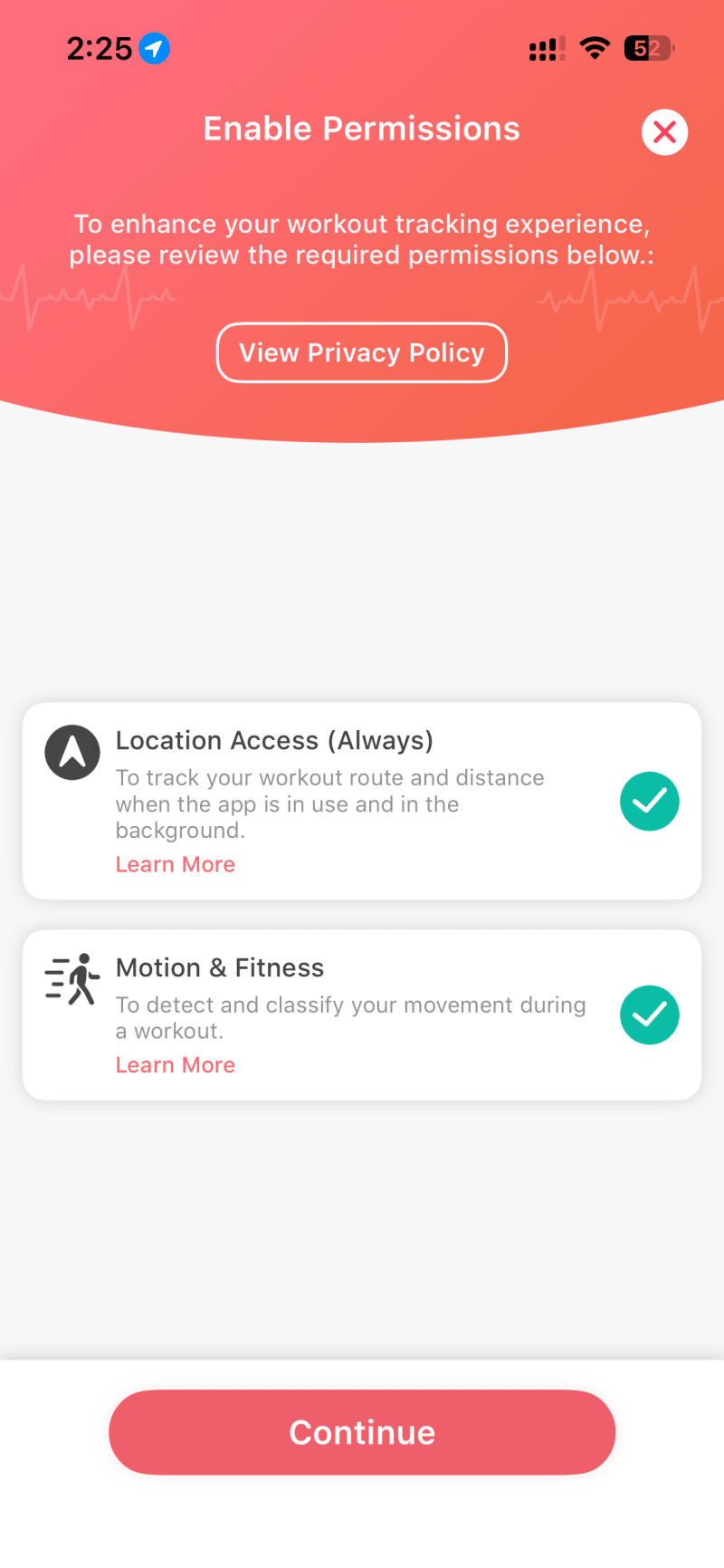Enable Permissions screen with all permissions granted and Continue button active