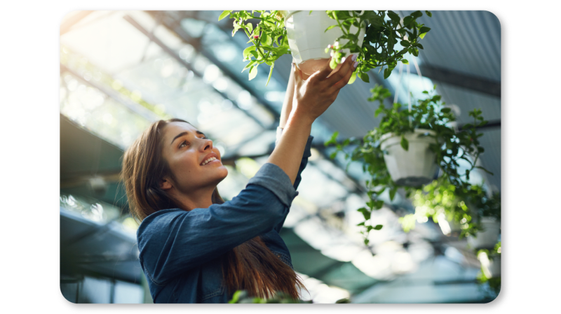 A Woman Praticing Mindfulness Exercises at Work by Mindfully Observing A Potted Plant