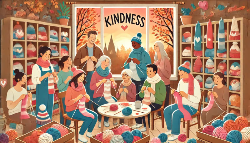 Employees knitting scarves and sweaters for local shelters as part of autumn acts of kindness celebration