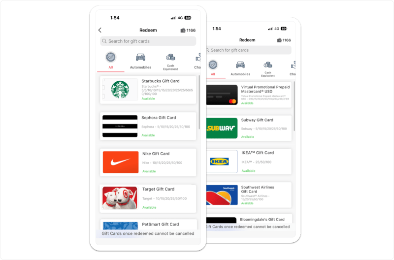 Vantage Fit mobile rewards redemption screen with gift card catalog, category tabs, and available points balance