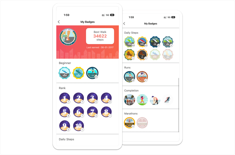 Vantage Fit mobile badges and achievements screen showing earned milestones, rank badges, and progress across daily step goals.