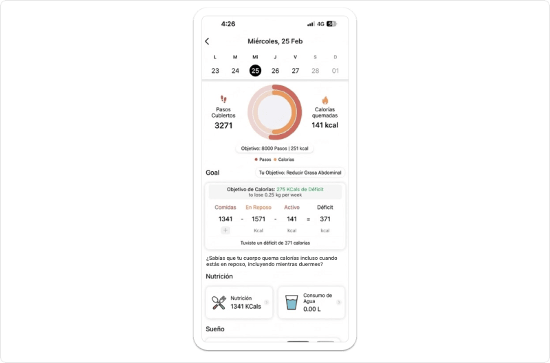 Seguimiento de balance calórico de Vantage Fit que muestra la ingesta diaria frente a las calorías quemadas con objetivos personalizados.