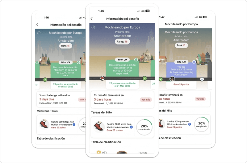Vista móvil de Vantage Fit del recorrido de un desafío con línea de tiempo de hitos, tarjetas de progreso, puntos obtenidos y actualizaciones del ranking