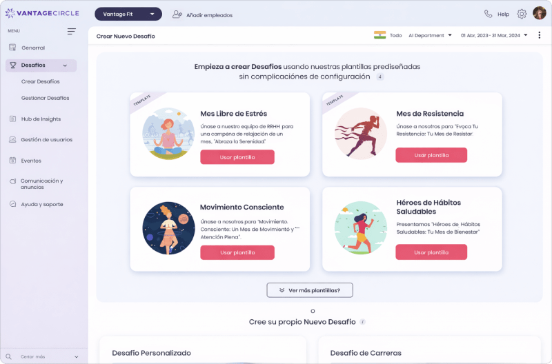 Panel de escritorio de Vantage Fit para la gestión de desafíos con plantillas prediseñadas, tarjetas de campaña y acciones para crear desafíos