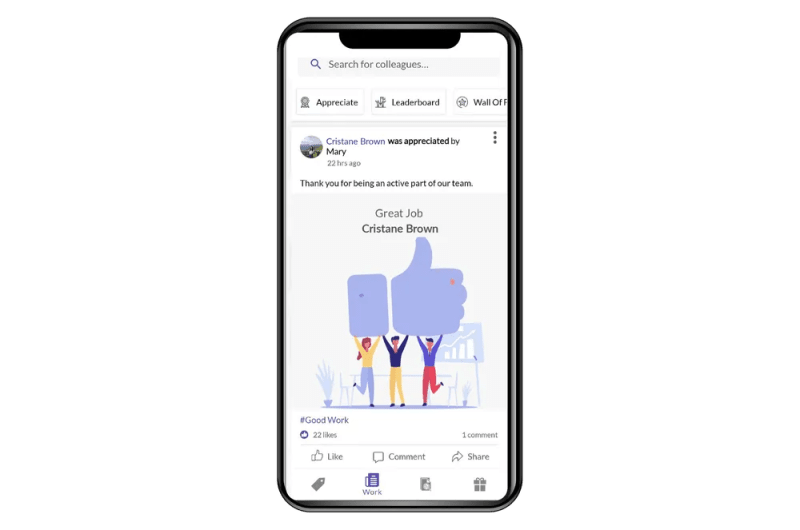 Mobile interface showing an employee appreciation post on the Vantage Fit app