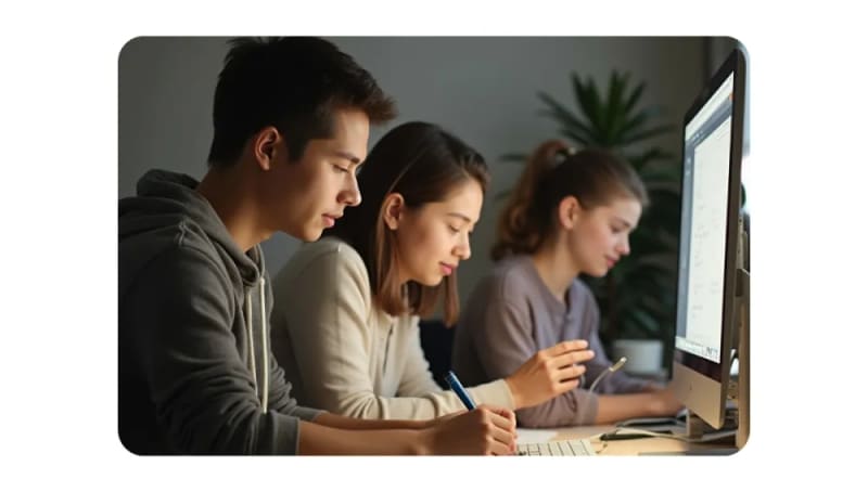 A group of young adults studying or collaborating on laptops and notes. The image has a modern, casual vibe with the individuals engaged in focused work in a cozy, home-office environment.