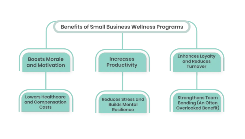A diagram showcasing the benefits of employee wellness programs, including boosting morale and motivation, increasing productivity, enhancing loyalty and reducing turnover