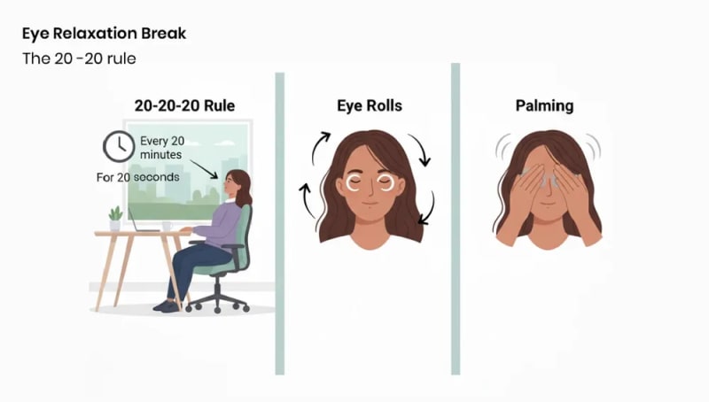 Employee doing an eye relaxation exercise to reduce digital eye strain
