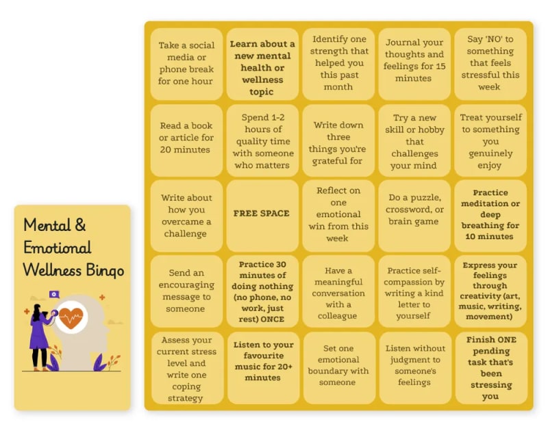 Mental and emotional wellness bingo card with self-care squares like setting boundaries, trying a new hobby, and noting a coping strategy