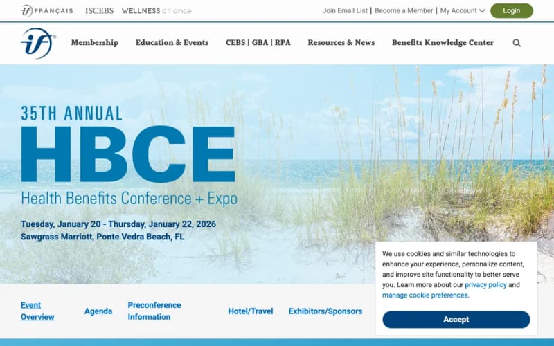 HBCE 2026 homepage , 35th Annual Health Benefits Conference and Expo, January 20-22 at Sawgrass Marriott, Ponte Vedra Beach, Florida with beach backdrop