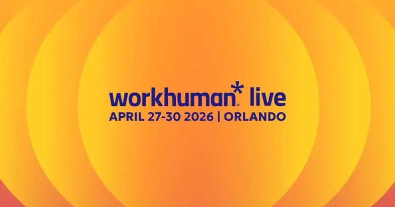 Workhuman Live 2026 social share graphic , bold orange gradient with event logo, April 27-30, Orlando