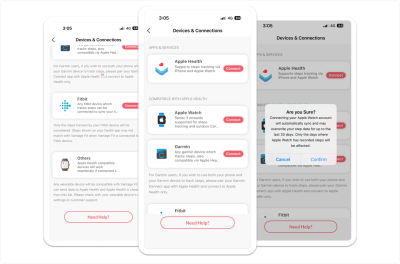 Vantage Fit mobile devices and connections screen for syncing Apple Health, Apple Watch, Garmin, and Fitbit with confirmation dialog.