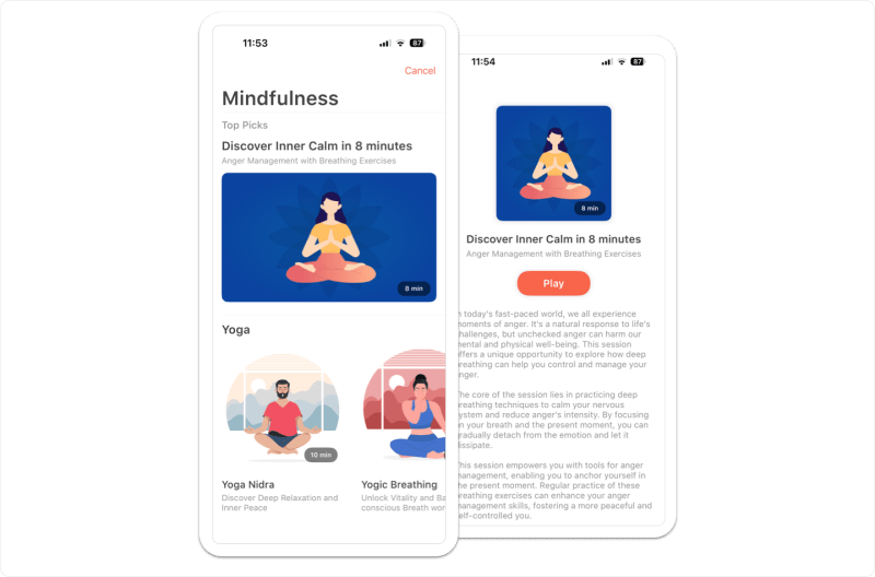 Vantage Fit guided meditation session player showing active mindfulness exercise with progress timer.