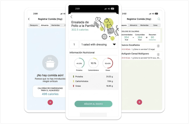 Pantalla de registro de comidas de Vantage Fit en español donde el empleado anota lo que come para hacer seguimiento de su nutrición diaria.