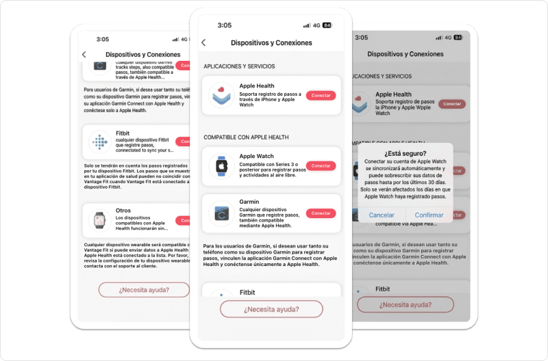 Pantalla de dispositivos conectados de Vantage Fit en español que muestra los wearables y apps de salud sincronizados con la cuenta del empleado.