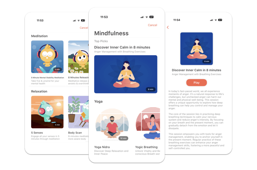 Vantage Fit mental wellbeing screen showing the mindfulness library with session categories