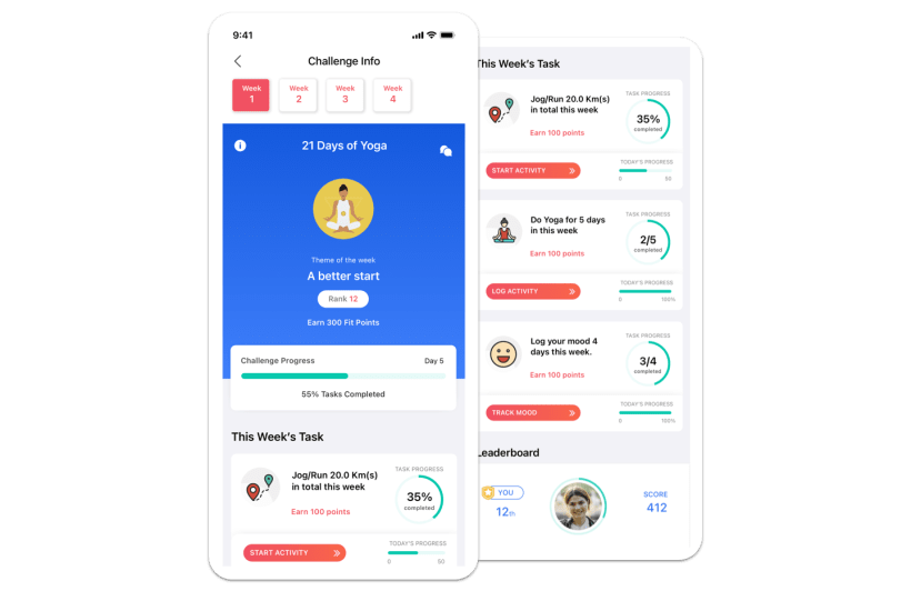 Vantage Fit mobile app showing a challenge journey, weekly tasks, and a team leaderboard