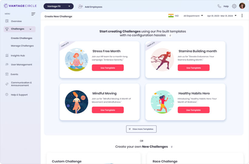 Vantage Fit Create Challenge screen showing the pre-built template library above the option to build a new challenge from a format
