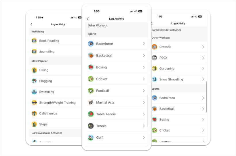 Vantage Fit mobile activity logging screen