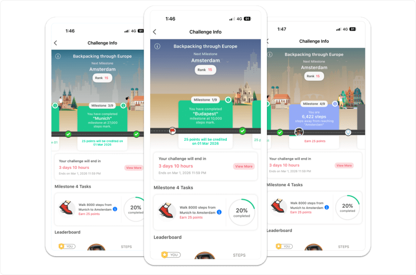 Vantage Fit mobile challenge journey screens showing progress through a personal program