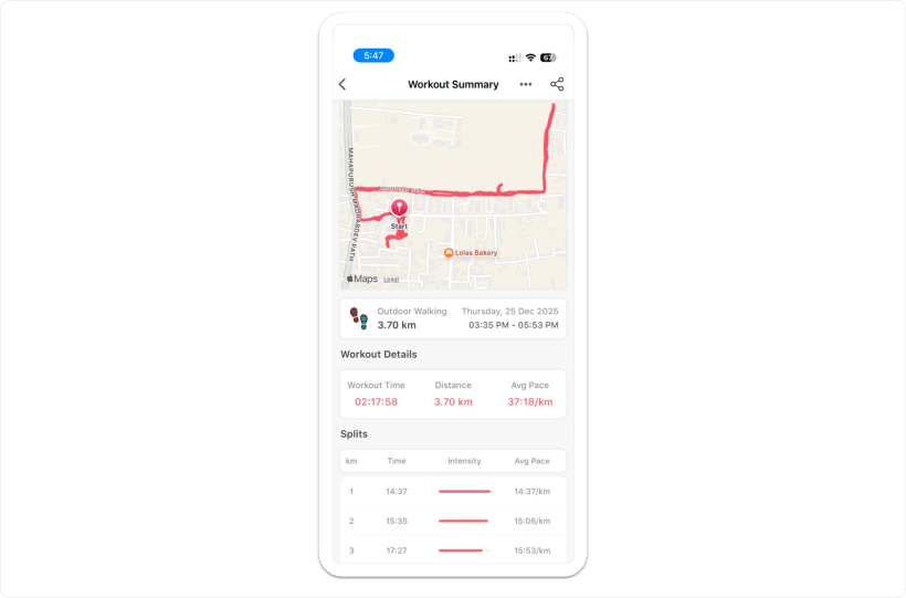 Vantage Fit mobile GPS workout route screen