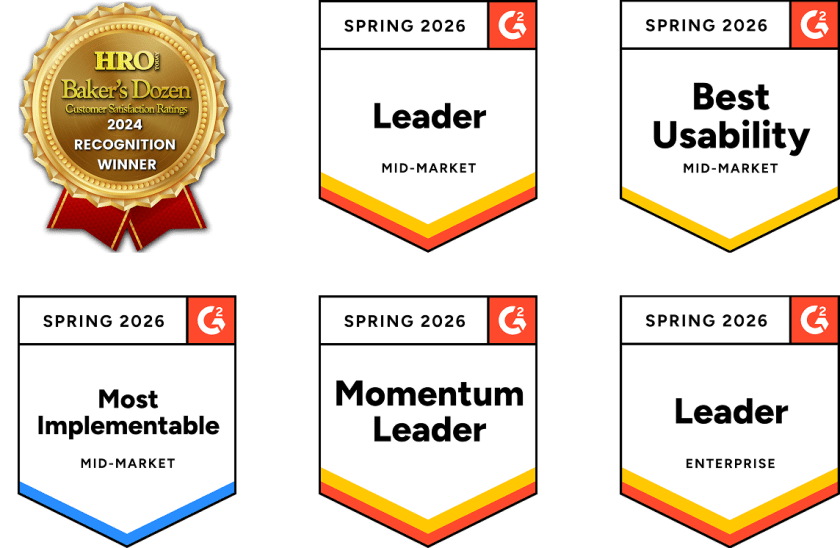 Industry recognition — HRO Baker's Dozen Recognition Winner 2024 and G2 Spring 2026 awards (Leader Mid-Market, Best Usability Mid-Market, Most Implementable Mid-Market, Momentum Leader, Leader Enterprise)