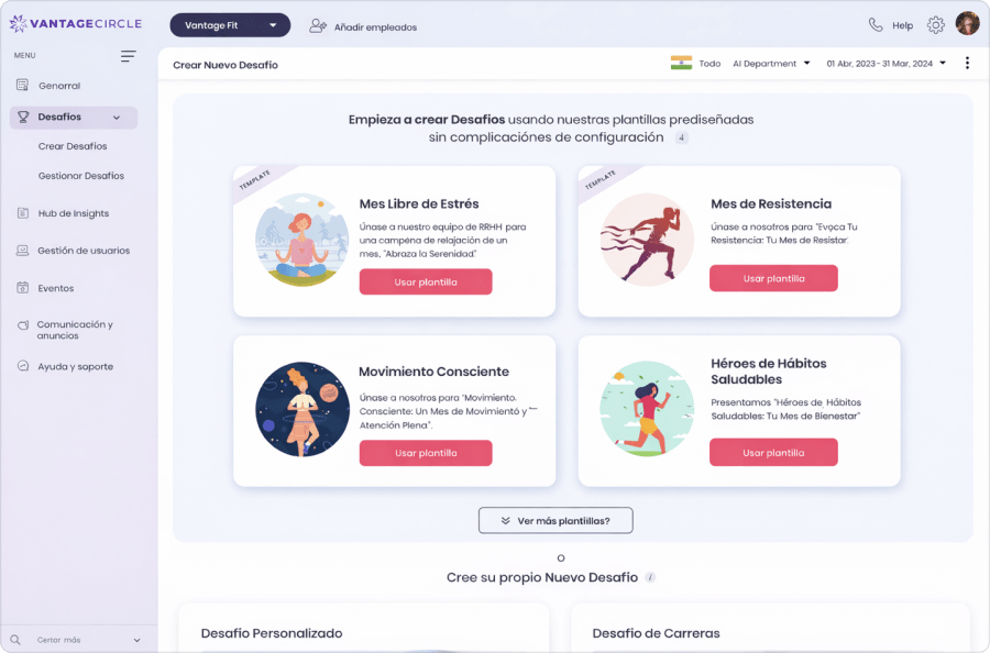 Panel de retos de Vantage Fit en español que muestra los desafíos activos de bienestar disponibles para la plantilla y su progreso.