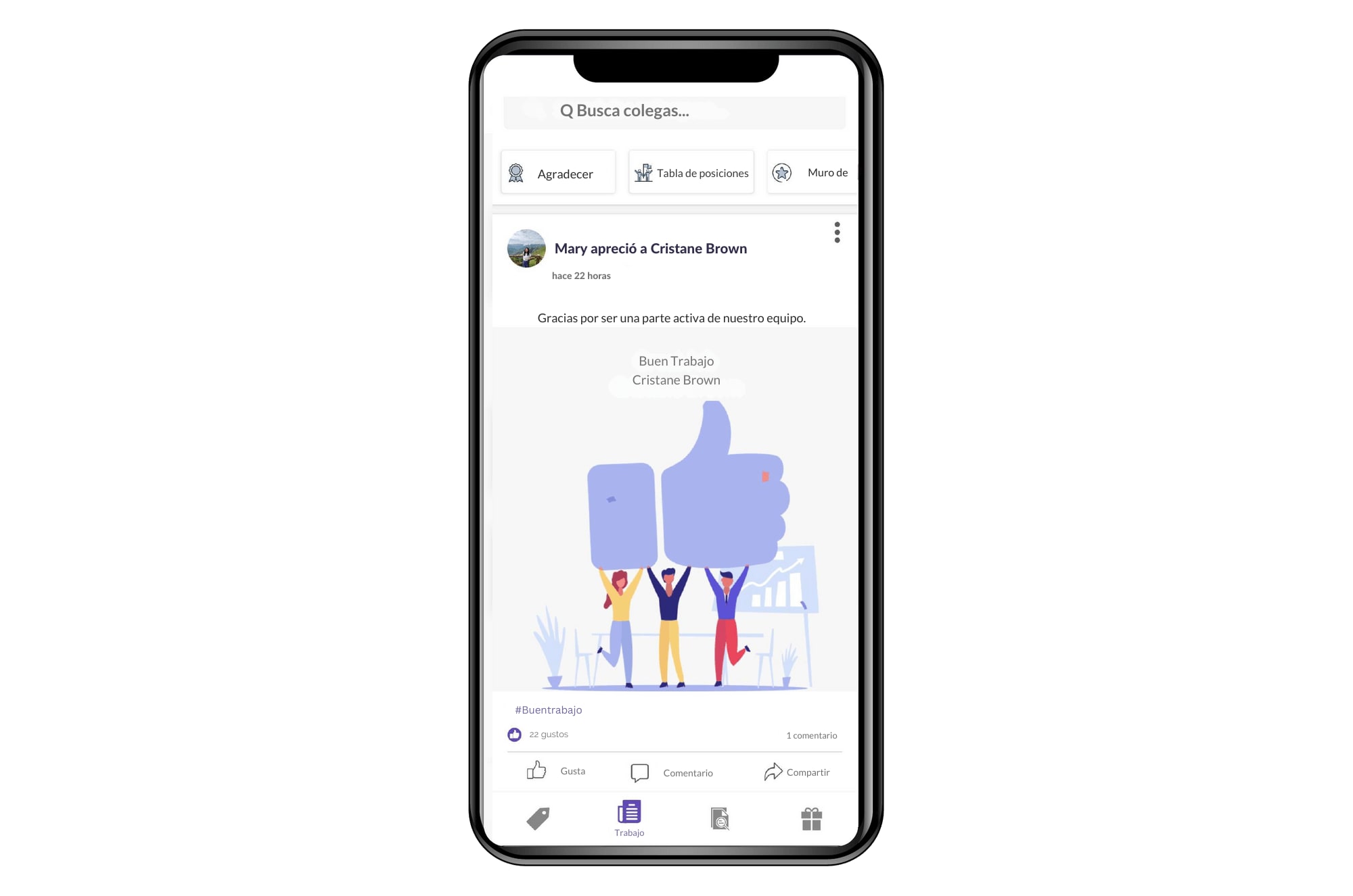 Interfaz móvil mostrando una publicación de agradecimiento a los empleados en la app Vantage Fit con reconocimiento a Cristane Brown.png