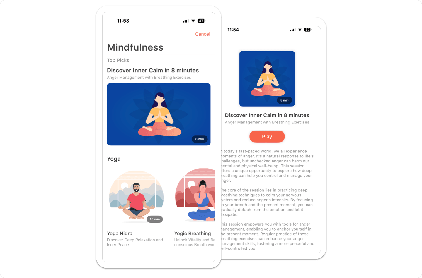 Vantage Fit mindfulness session player showing guided meditation and relaxation sessions