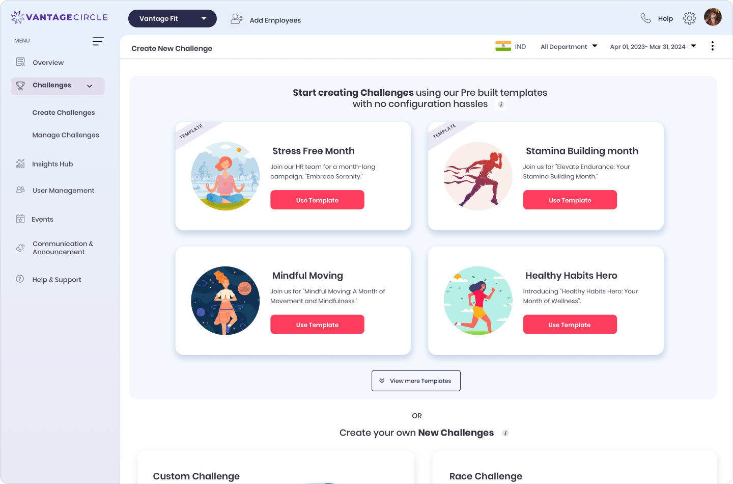 Vantage Fit desktop challenge management dashboard displaying pre-built challenge templates, campaign cards, and create challenge actions