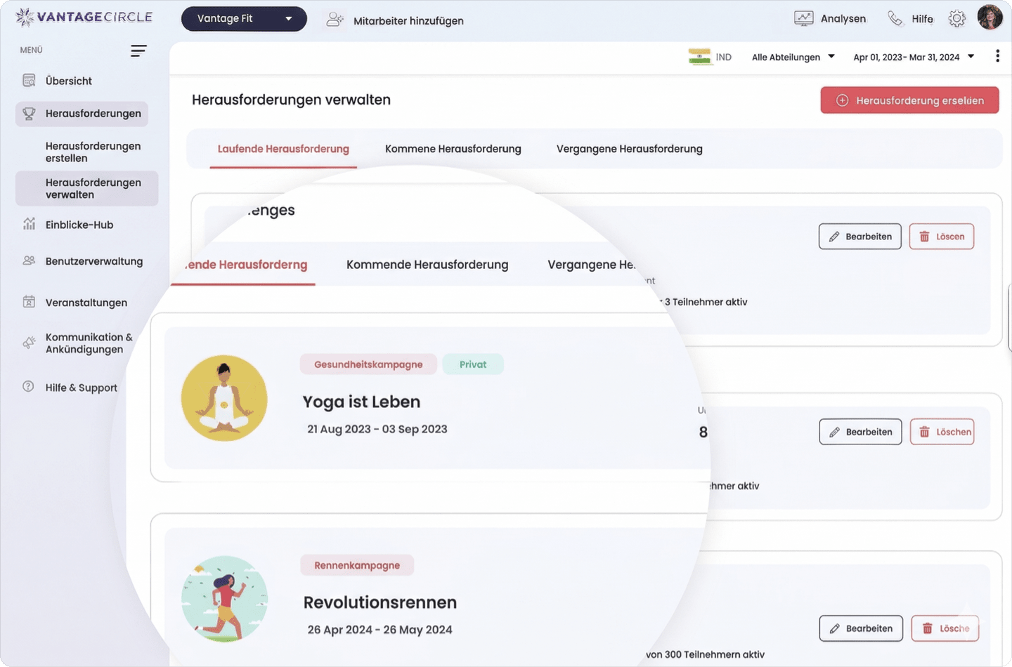 Vantage Fit Kampagnenmanagement-Dashboard im Desktop-Modus – Kampagnenstatus, Teilnehmendenzahl, Leaderboard und Engagement-Score.