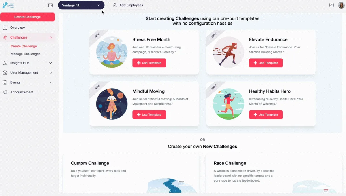 Tableau de bord RH du défi voyage Vantage Fit